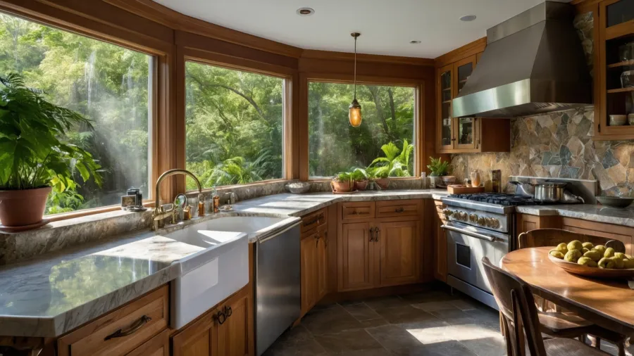 Cozy kitchen with wooden cabinets and modern appliances, surrounded by lush greenery outside